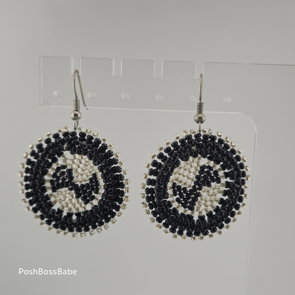 Handmade Black & Silver Beaded Earrings – 1.25" Diameter - Picture 6 of 15